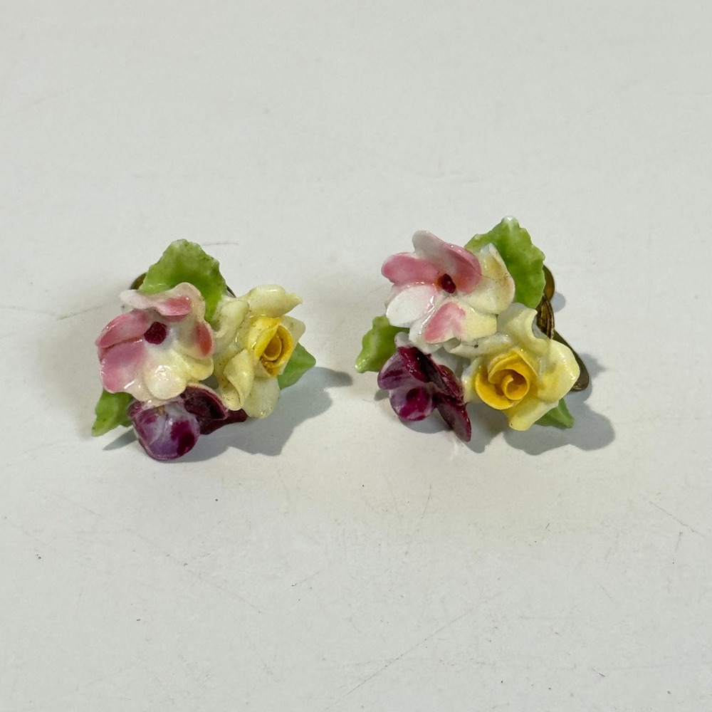 Vintage Denton England Bone China Floral Screw Back Earrings
